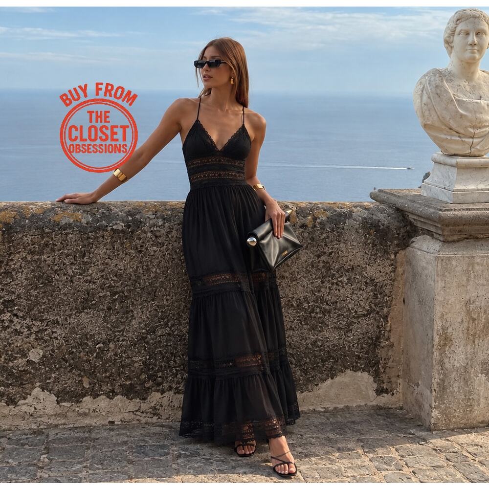 Mango NWT Black Lace Panel A Line Maxi Dress 4 8 - Picture 10 of 16